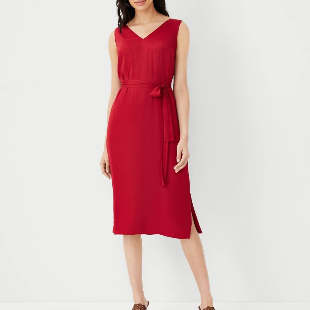 Ann Taylor V-Neck Tie Waist Midi Dress Red Sz 2